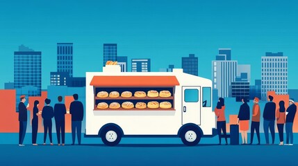 Artisan bakery truck serving fresh pastries, customers lining up, vibrant cityscape in the background