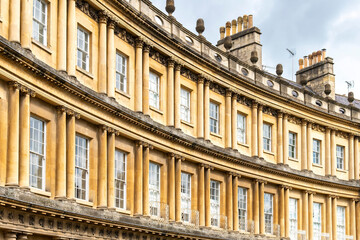 Part of the façade of historic ring of townhouses on The Circus in Bath, Somerset, UK designed by architect John Wood, the Elder built between 1754 and 1768 in Georgian architecture