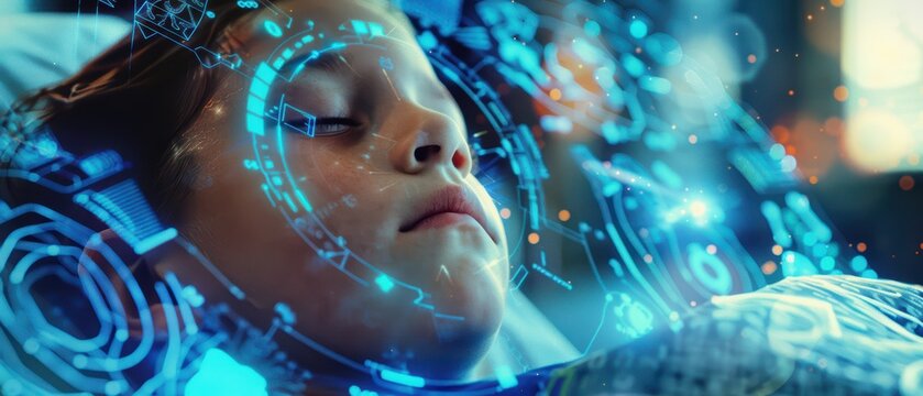 A serene child in a futuristic scenario with glowing digital elements surrounding them, suggesting advanced technology and imagination.