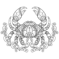 Crab and waves hand drawn for adult coloring book 