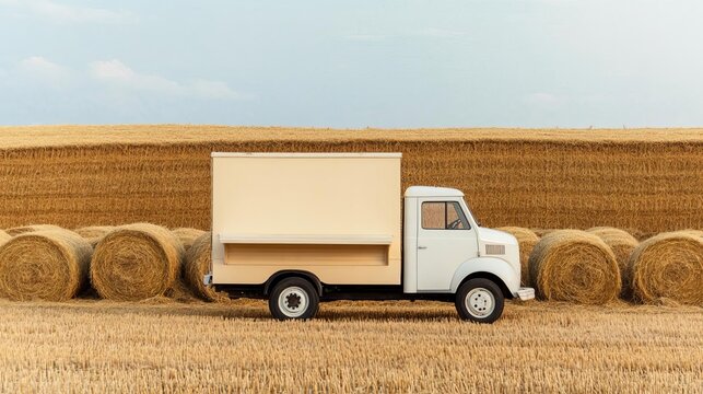 Bakery truck in a vintage farm setting, surrounded by hay bales and rustic elements, countryside charm