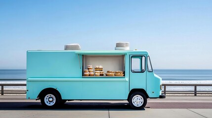 Bakery truck parked near a beach boardwalk, serving summery treats, ocean breeze in the background