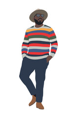 Black stylish men standing in modern street fashion autumn clothes. African american guy wearing colorful striped sweater, hat, sunglasses, jeans. Vector flat illustration on transparent background.