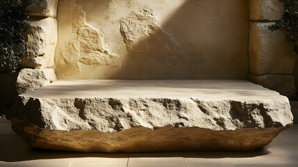 Rough-hewn stone platform with a rustic, textured background.