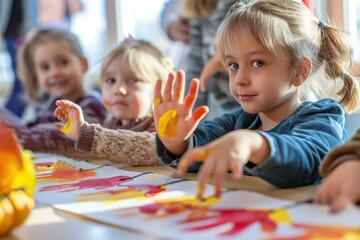 Fototapeta premium Group of kindergarten students showing their painted hands while making a thanksgiving turkey craft at school