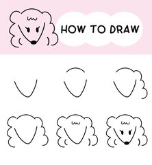 How to draw dog face cartoon step by step for learning, kid, education, coloring book. Vector illustration