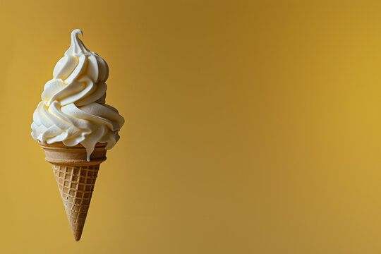 glace italienne, &agrave; la vanille, dans un cornet gaufrette,  sur fond jaune minimaliste, gourmandise glac&eacute;e, froid, dessert,  espace n&eacute;gatif copyspace