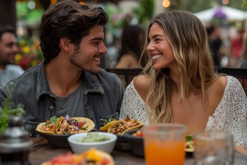romantic couple eating street tacos at outdoor mexican restaurant, Generative AI