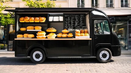 Bakery truck serving traditional French pastries, elegant black and white design, Parisian street setting