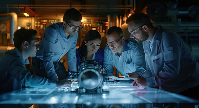 Team of engineers working on a project in a modern industrial environment