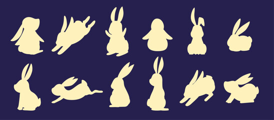 Elegant Rabbit Silhouettes in Various Poses: Dark Background, Vector, Illustration, Celebrating the Moon Festival