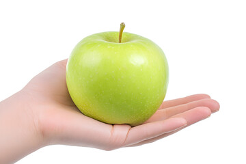 Female hand holding green apple isolated on white background