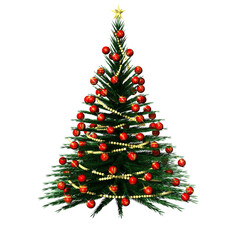 PNG, Trasparente. Natale. Abete decorato in rosso, isolato su sfondo bianco.