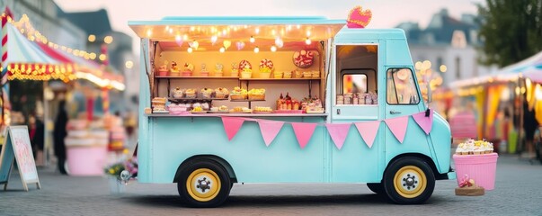 Bakery truck with a carnival theme, colorful banners, and decorative lights, serving whimsical treats
