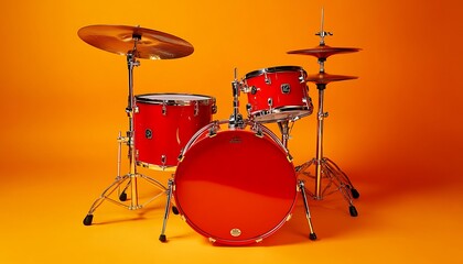 Red Drum Set with Cymbals on Orange Background