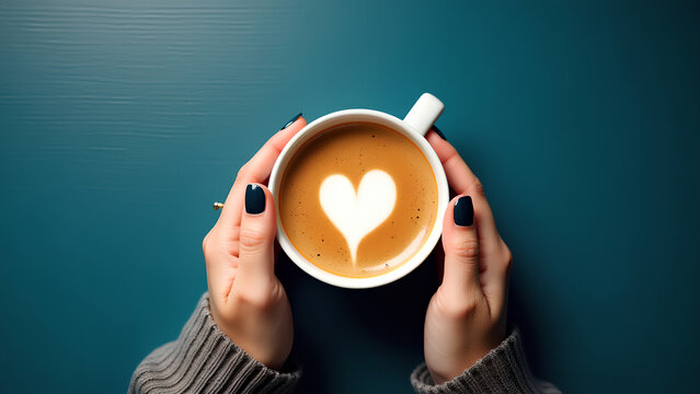 Female hands holding a cup of coffee with foam on blue background Top view of a table in a cafe Warm time in autumn Hot coffee with a heart