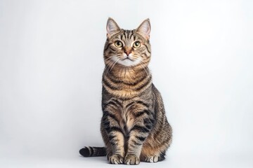Fototapeta premium Studio portrait of a sitting tabby cat looking forward against a white backdground , ai