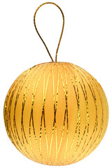Golden Christmas tree ball isolated on a transparent background. Completely in focus.