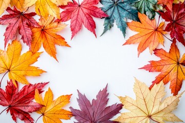 Fototapeta premium Autumn Maple Leaves Flat Lay White Background created with Generative AI