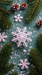 Festive Winter Wonderland with Pine Branches and Snowflakes