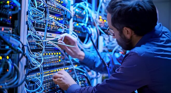 IT technician working with servers in a data center