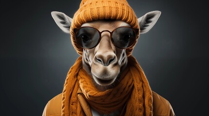 Obraz premium Cute giraffe in glasses wearing scarf and knitted hat.