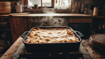 A steaming hot casserole dish filled with cheesy goodness sits on a wooden counter, ready to be served.