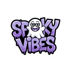 A playful ghost character with glasses, surrounded by vibrant, dripping purple text that says 'Spooky Vibes'. Perfect for Halloween.