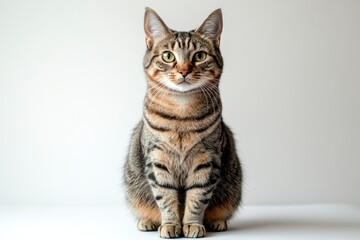 Studio portrait of a sitting tabby cat looking forward against a white backdground , ai