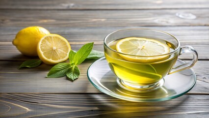 Cup of green tea with a lemon wedge on the side, rich in antioxidants, brain-stimulating beverage.