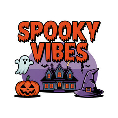 A vibrant Halloween illustration featuring spooky vibes with a haunted house, ghost, pumpkin, and witch hat.