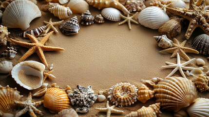 Obraz premium Seashells and starfish arranged in a circle on the sand with a copy space in the middle.