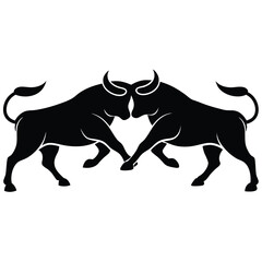 Obraz premium Black silhouette of two bulls facing each other in aggressive stance with tribal style and strong contrast