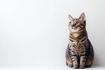 Studio portrait of a sitting tabby cat looking forward against a white backdground , ai