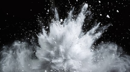 Snow explosion isolated on black background. Abstract dynamic cloud of white dust particles dispersing overlay design. Winter storm element creative collage.