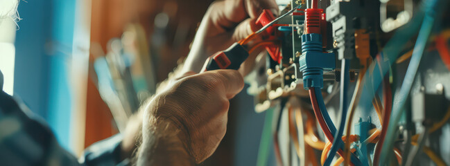 Close-up of a technician working on electrical wires, showcasing skillful hands and colorful connections in a workshop environment.
