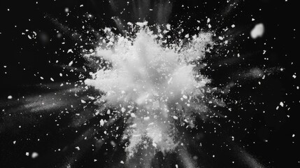 Snow explosion isolated on black background. Abstract dynamic cloud of white dust particles dispersing overlay design. Winter storm element creative collage.