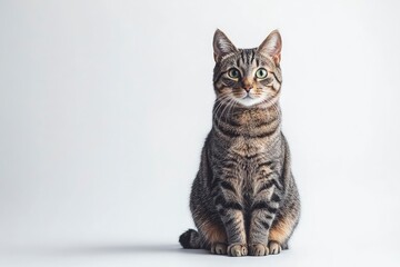 Studio portrait of a sitting tabby cat looking forward against a white backdground , ai