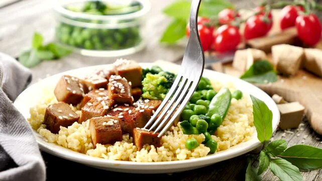eating vegan dish, fried tofu with green bean and bulgur
