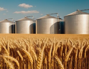 Grain elevator and agricultural storage. Containers silos storing agriculture crop in countryside.