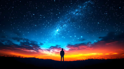 Fototapeta premium Silhouette of a man standing on a hill, gazing at a starry sky with a colorful sunset.