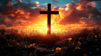 Silhouette of a wooden cross in a field with sunset background.