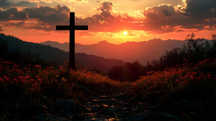 Silhouette of a wooden cross on a hilltop with a sunset over distant mountains.