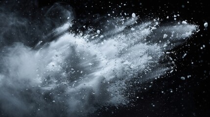 Obraz premium Snow explosion isolated on black background. Abstract dynamic cloud of white dust particles dispersing overlay design. Winter storm element creative collage.