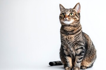 Studio portrait of a sitting tabby cat looking forward against a white backdground , ai