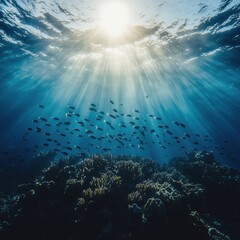 Obraz premium Underwater Sunlight Beams Through Blue Ocean Water With Fish and Coral Reef