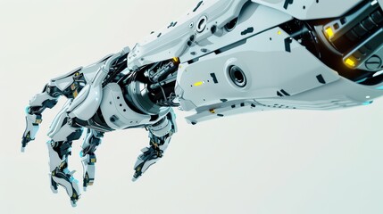 Obraz premium Futuristic robotic hand with intricate design and technology, showcasing innovation and advanced engineering in a clean aesthetic.