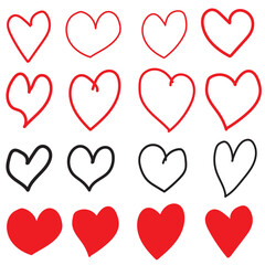 Collection of red heart symbol, Hand-drawn hearts. Vector icon on a white background.