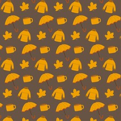 
Seamless autumn pattern with leaves, umbrella, cup