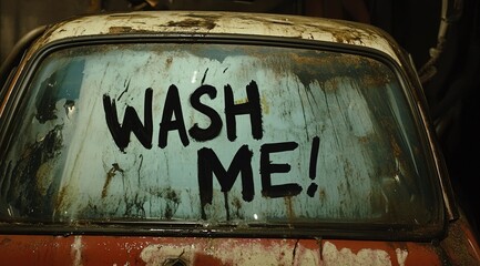 A dirty car's back window with the words "WASH ME!"